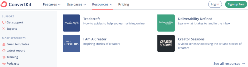 ConvertKit resource directory with guides, reports, and podcasts.