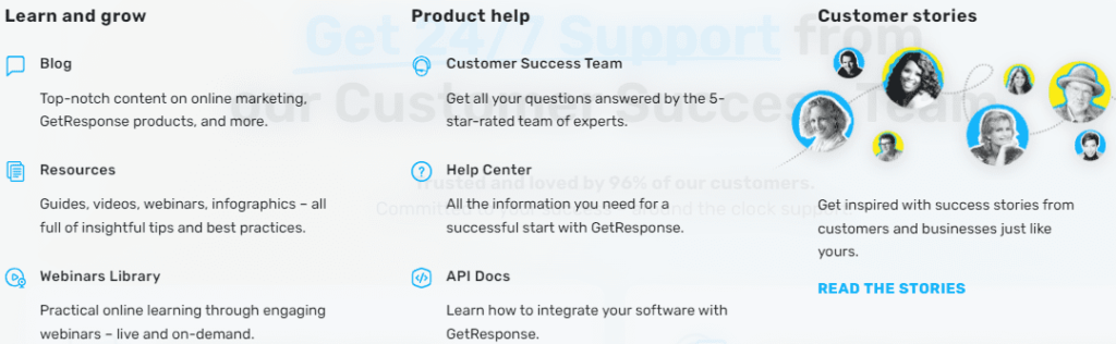 GetResponse's customer support and learning resources.