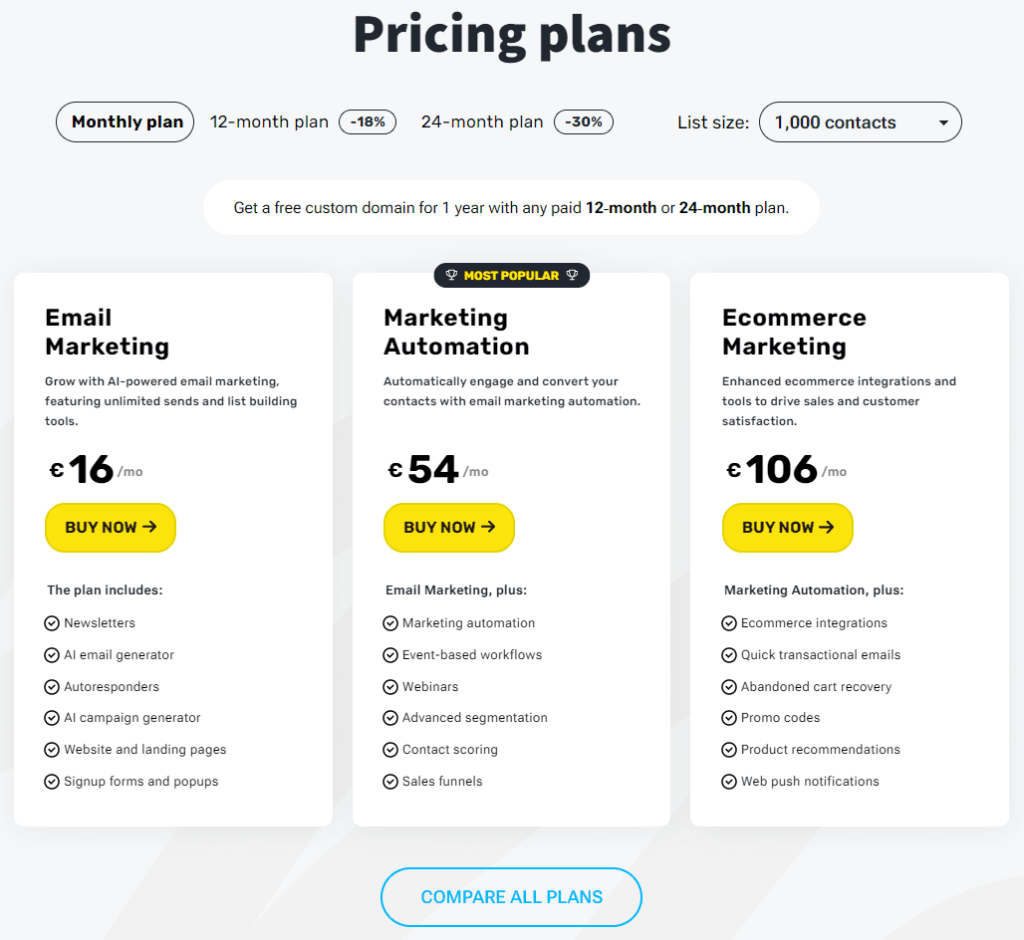 GetResponse pricing tiers for email, marketing automation, and e-commerce plans.