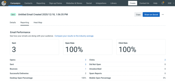 Constant Contact analytics dashboard with lead generation metrics.