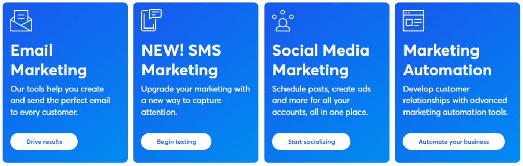 Constant Contact features including email marketing, SMS marketing, social media marketing, and marketing automation.