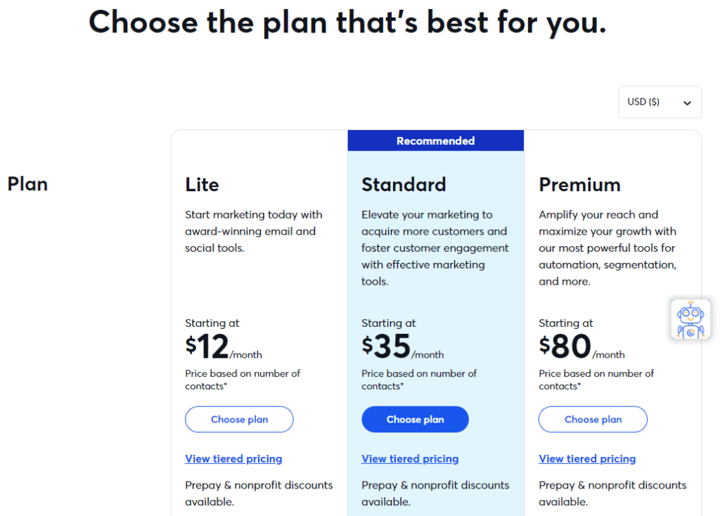 Constant Contact pricing plans for Lite, Standard, and Premium packages.