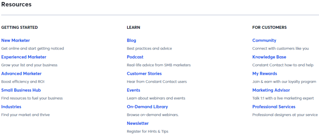 Constant Contact resources section featuring community, knowledge base, and academy.