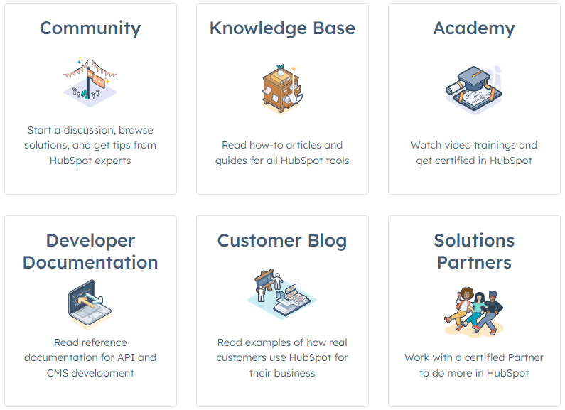 HubSpot resources section with community, knowledge base, and developer documentation.