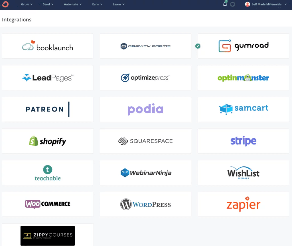 ConvertKit integrations with various platforms like Shopify, Patreon, and WordPress.