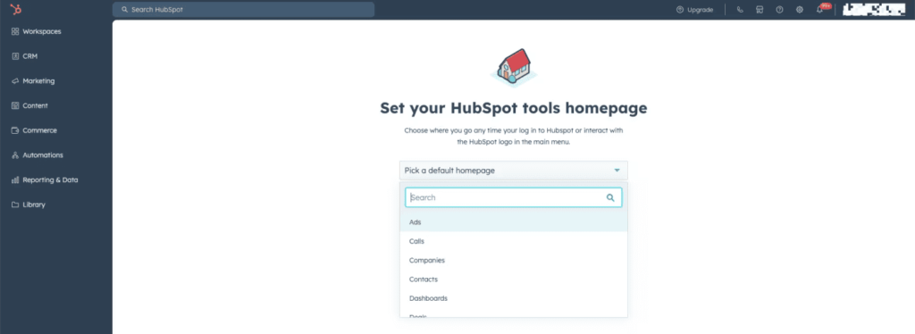 HubSpot dashboard with options for CRM, marketing, and automations.