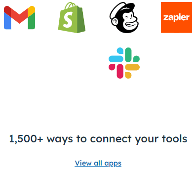 HubSpot integrations with Gmail, Shopify, Mailchimp, Zapier, and Slack.