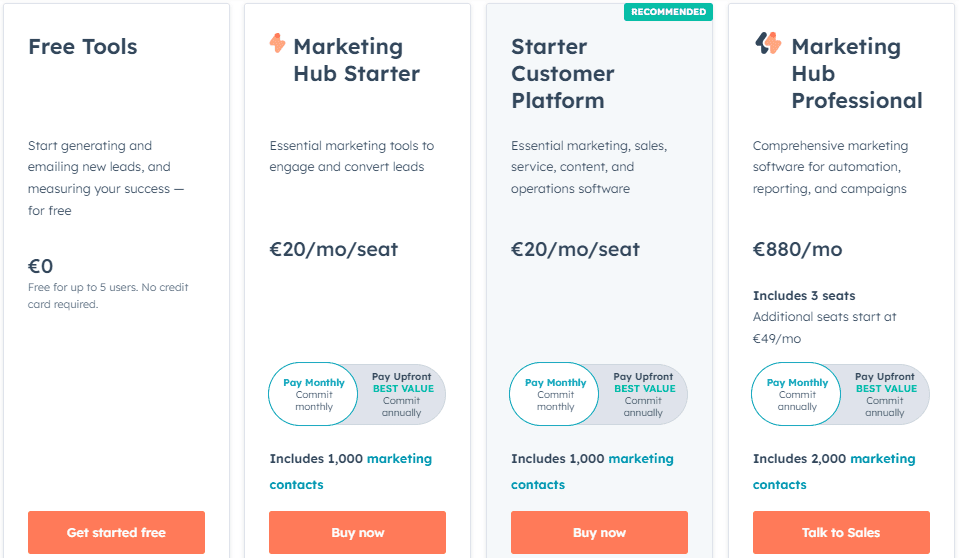 HubSpot pricing plans for free tools, Marketing Hub Starter, Starter Customer Platform, and Marketing Hub Professional.